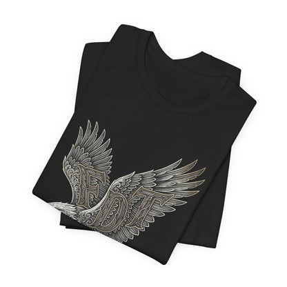 Black t-shirt with folded wings and "EDT" text design.
