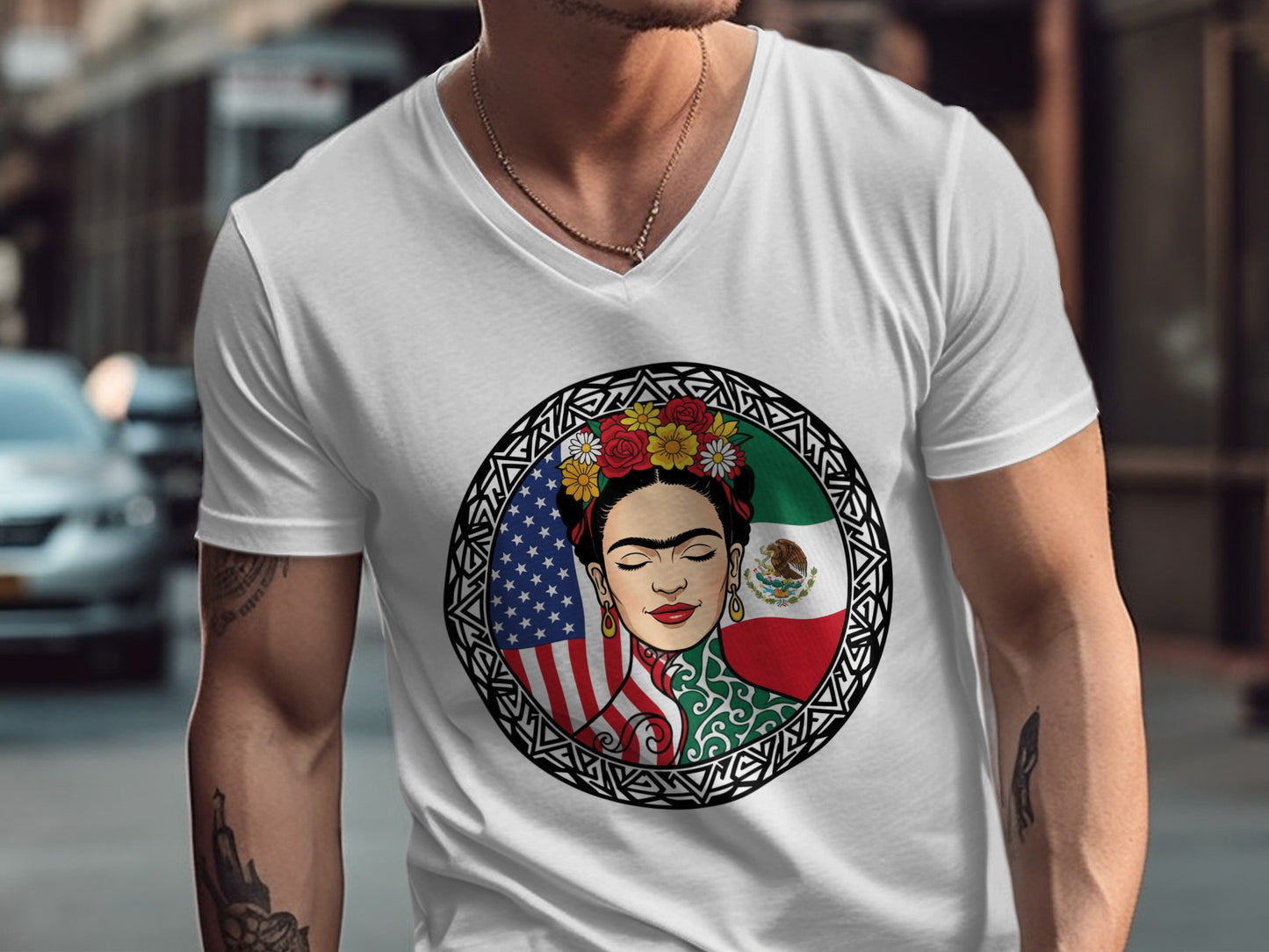 Frida Kahlo American Mexican Flags V-Neck T-shirt