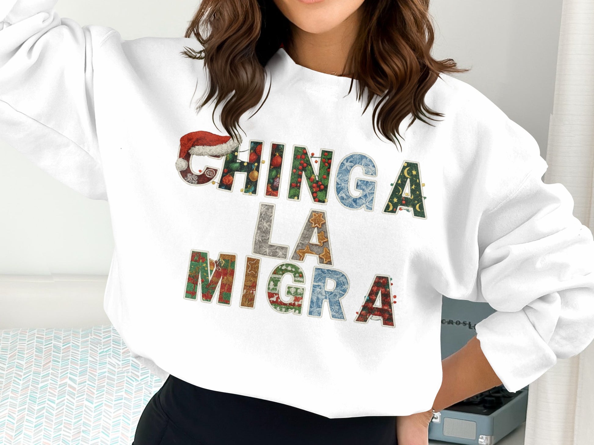 Chinga La Migra Festive Santa White Sweatshirt