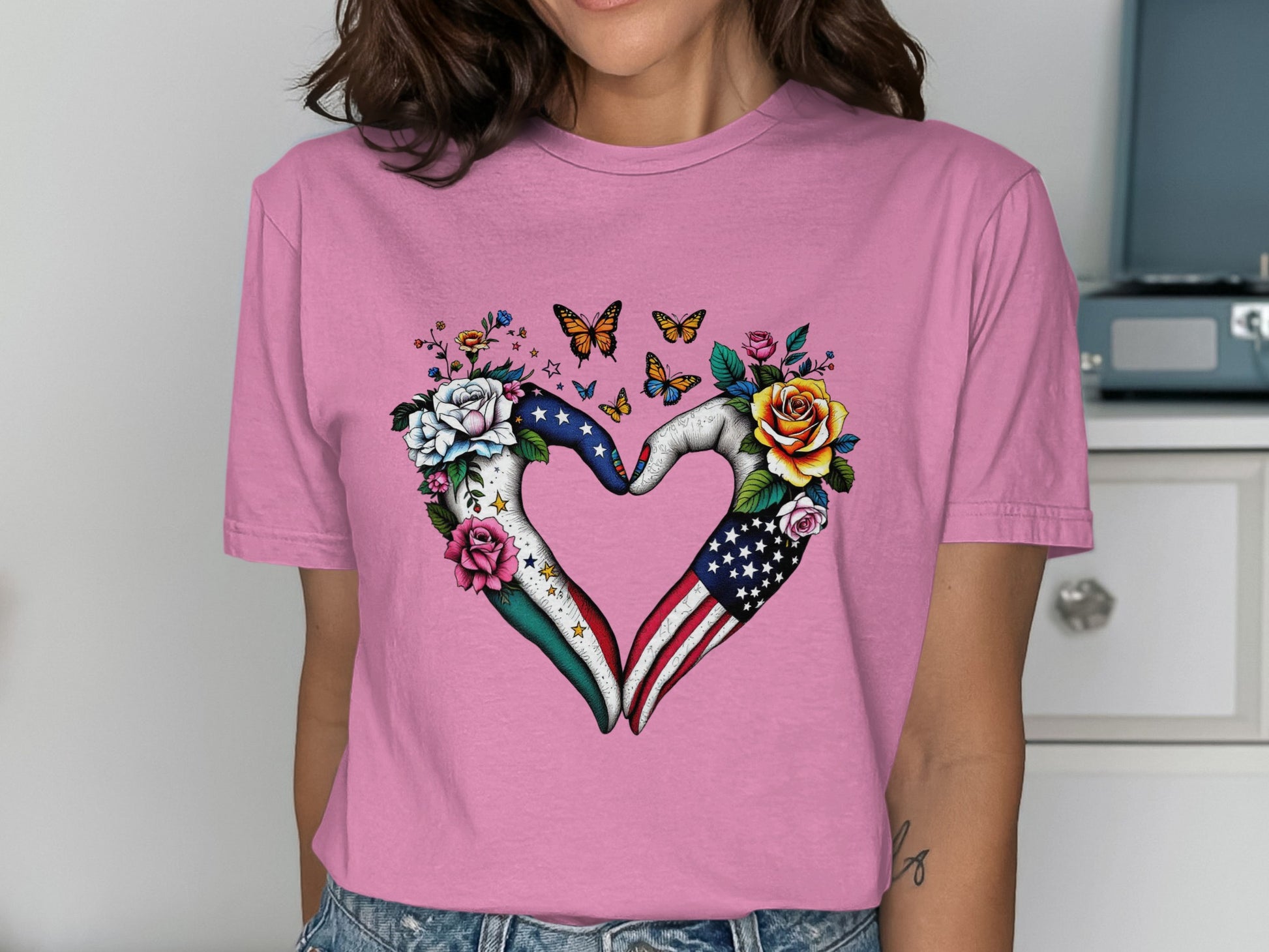 Pink T-shirt with Heart Butterfly and Flag Print product type