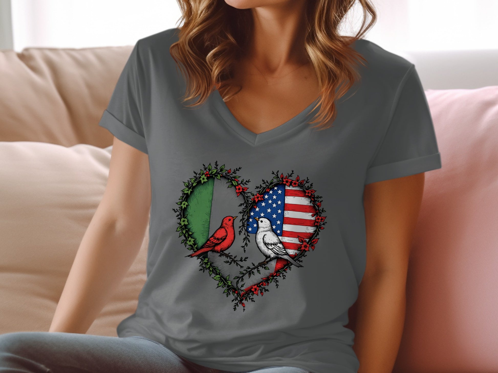 Heart-Shaped Design with Birds and Flags T-Shirt product