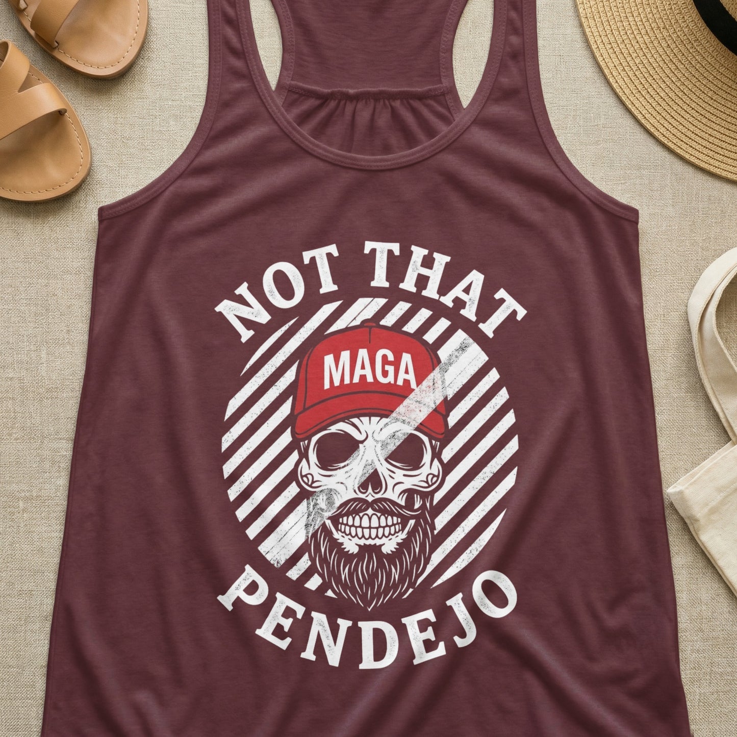 Maroon tank top with skull, beard, and "Not That Pendejo" text.