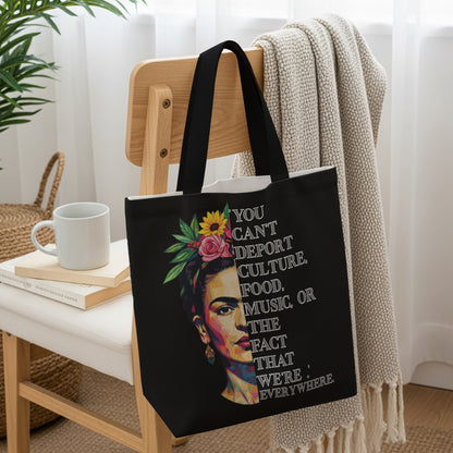 Tote bag with Frida Kahlo portrait and quote about culture, food, and music.