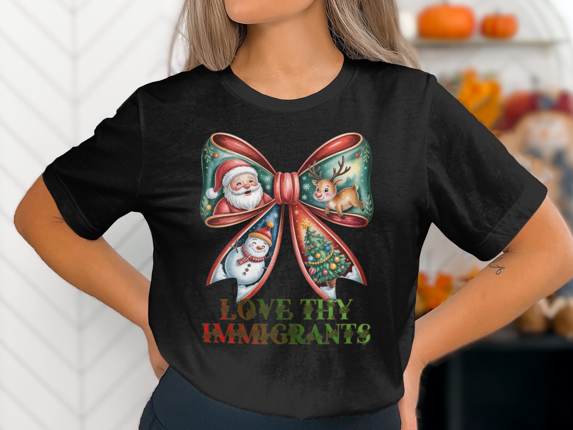 Love Thy Immigrants Christmas Bow T-Shirt