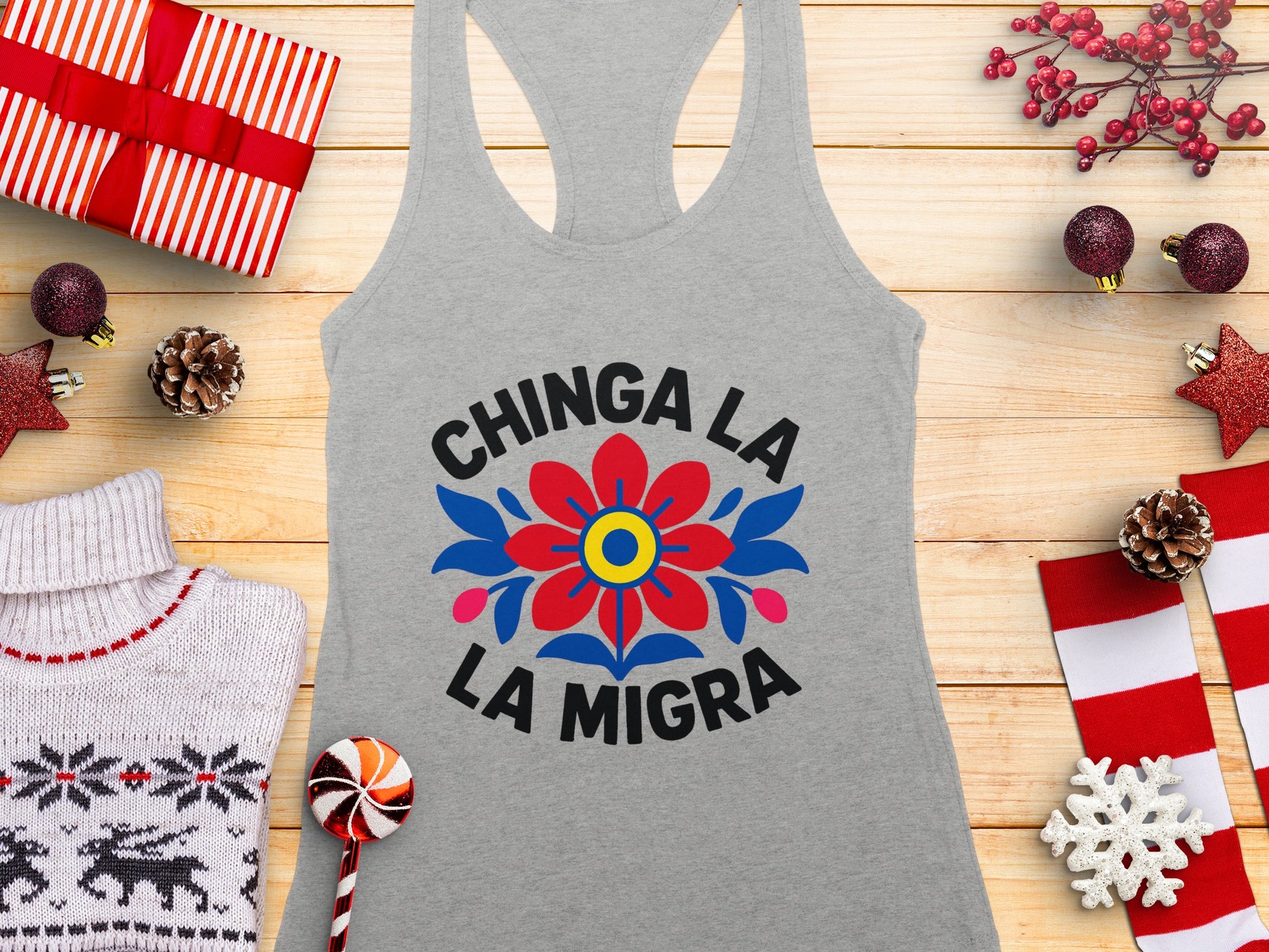 Chinga La La Migra Floral Graphic Racerback Tank