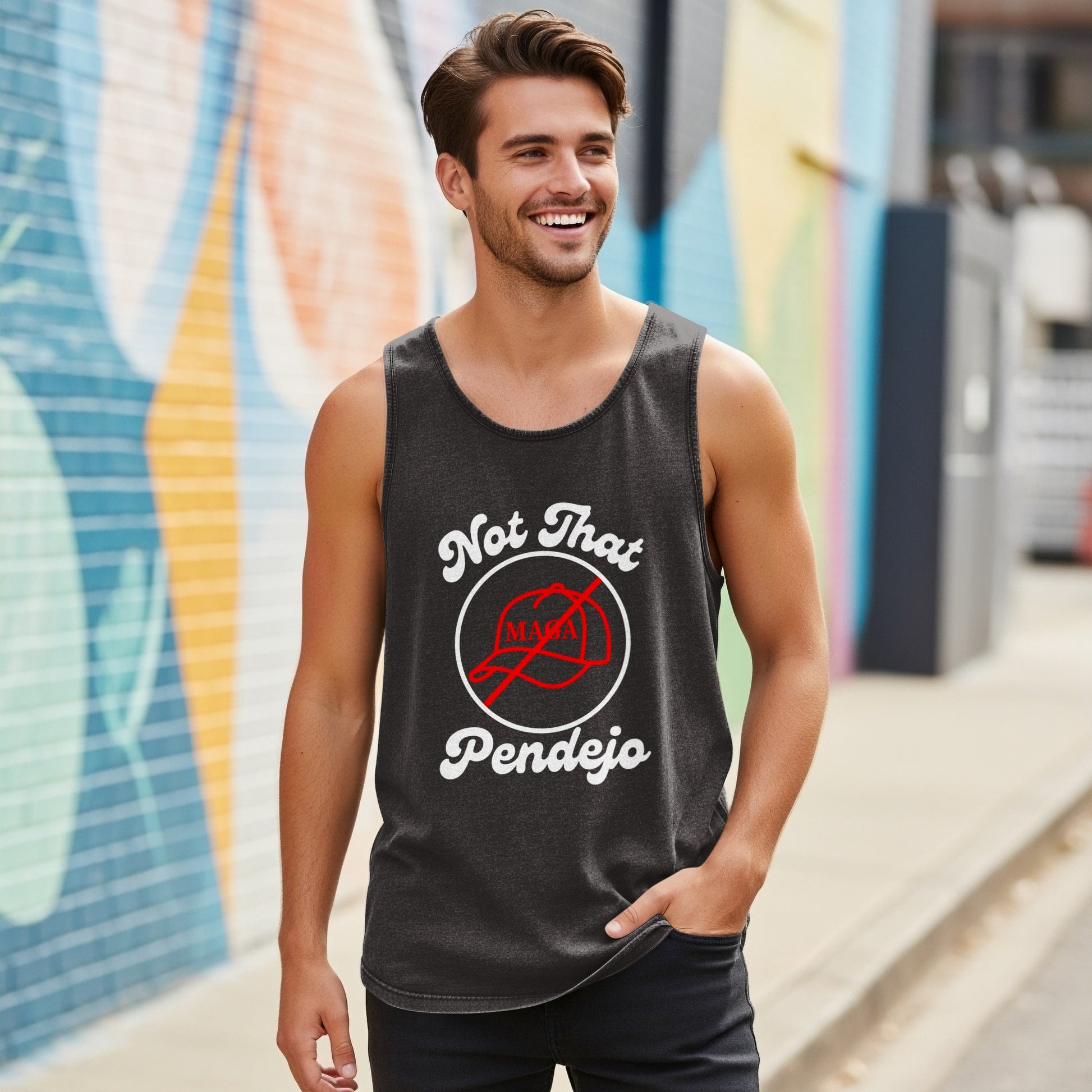 Dark grey tank top with "Not That Pendejo" graphic, worn by a man.