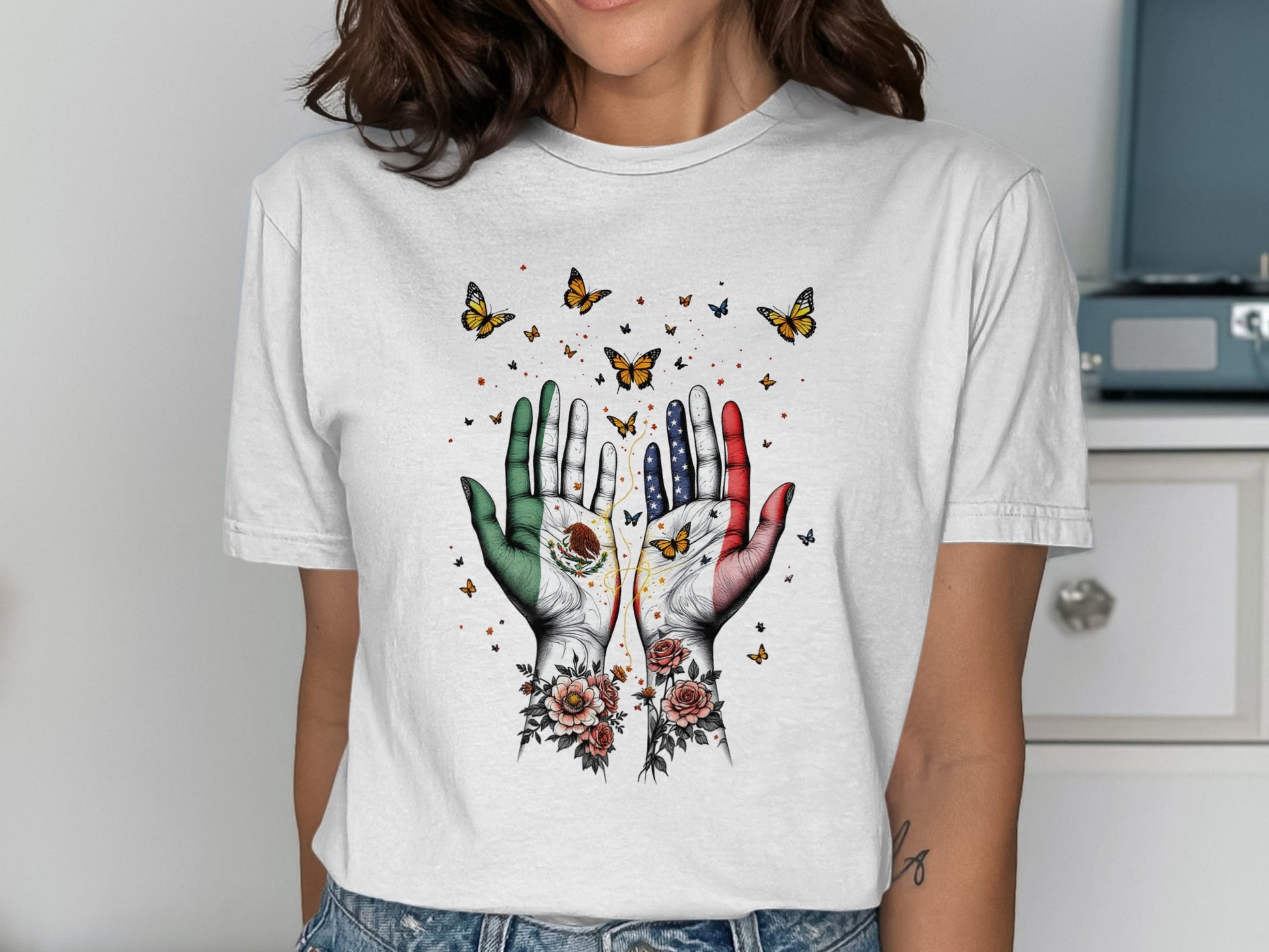 Vibrant Butterfly and Floral Mexican Flag T-Shirt product
