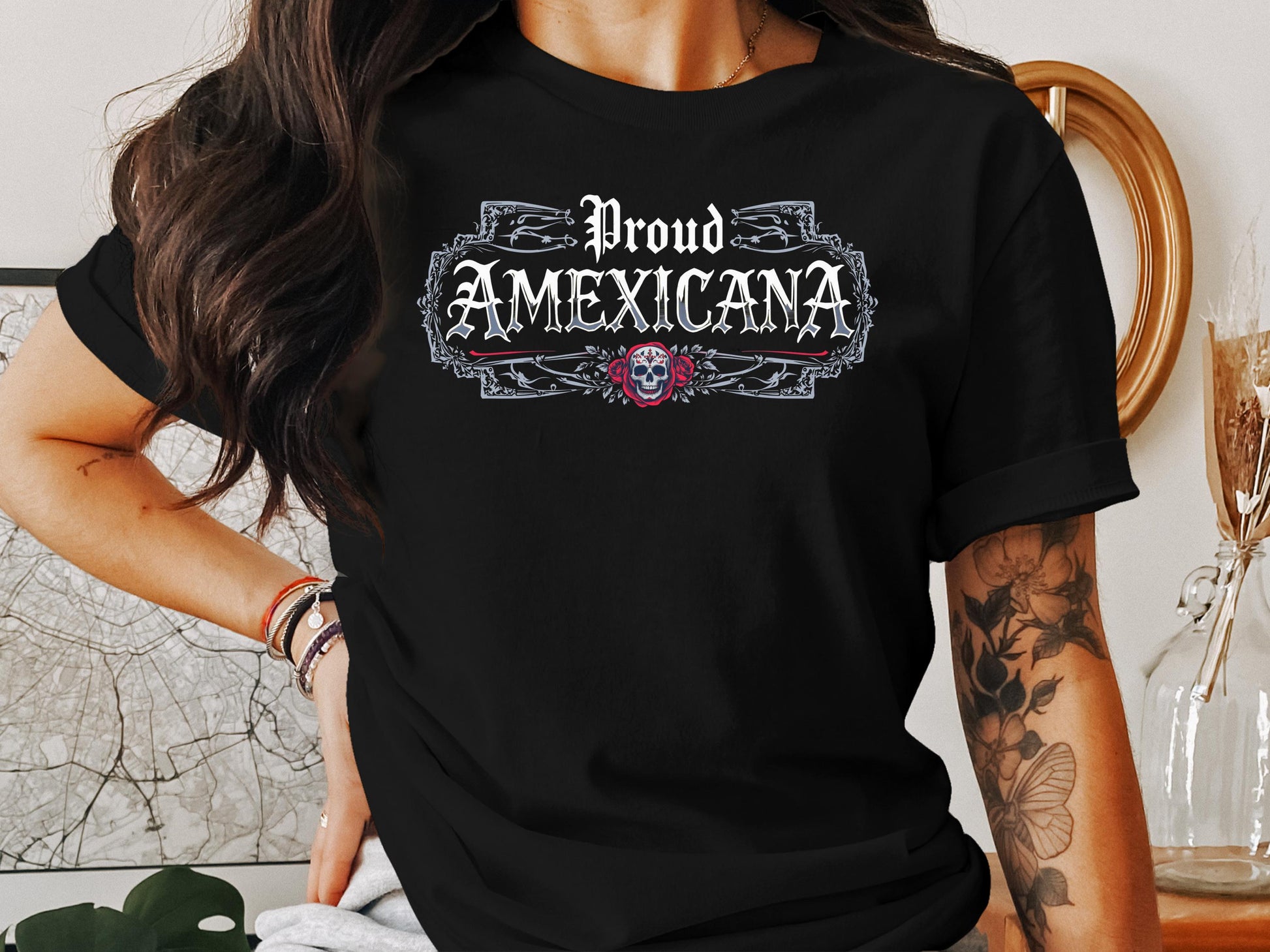 Proud AMEXICANA Skull Design Short Sleeve T-Shirt product type
