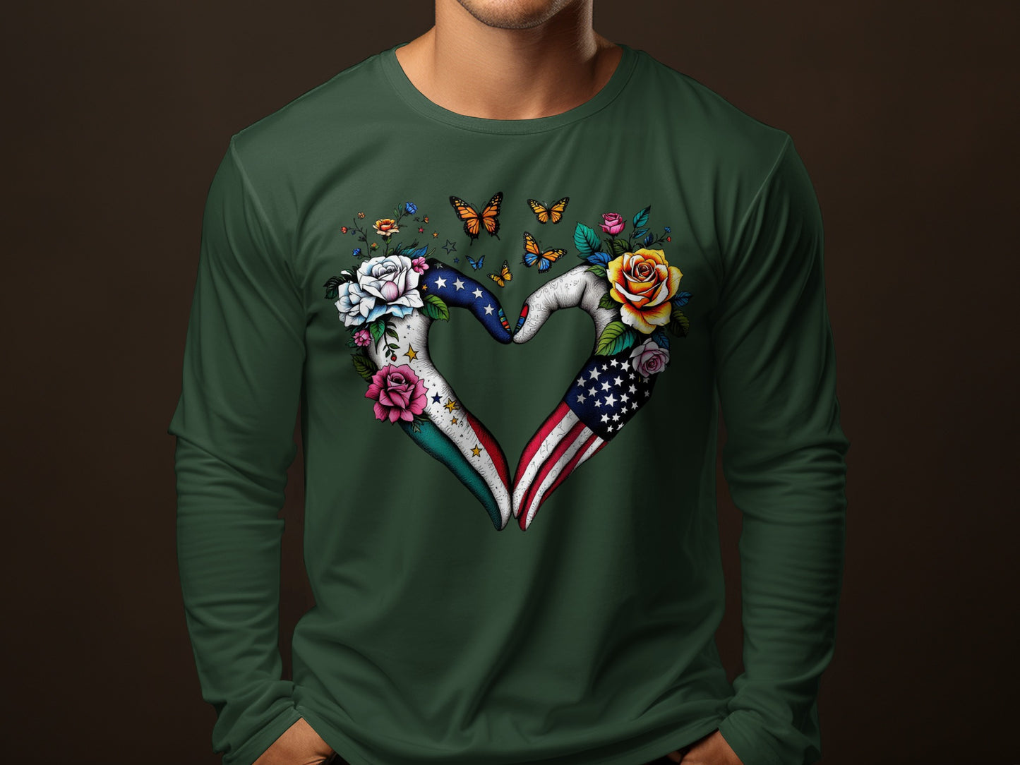 Patriotic Heart Design Long Sleeve Shirt with Floral Art