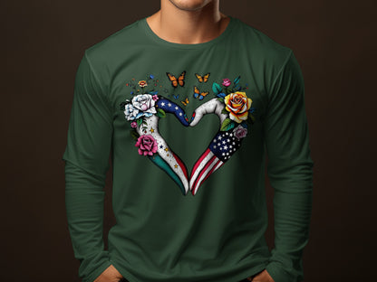 Patriotic Heart Design Long Sleeve Shirt with Floral Art
