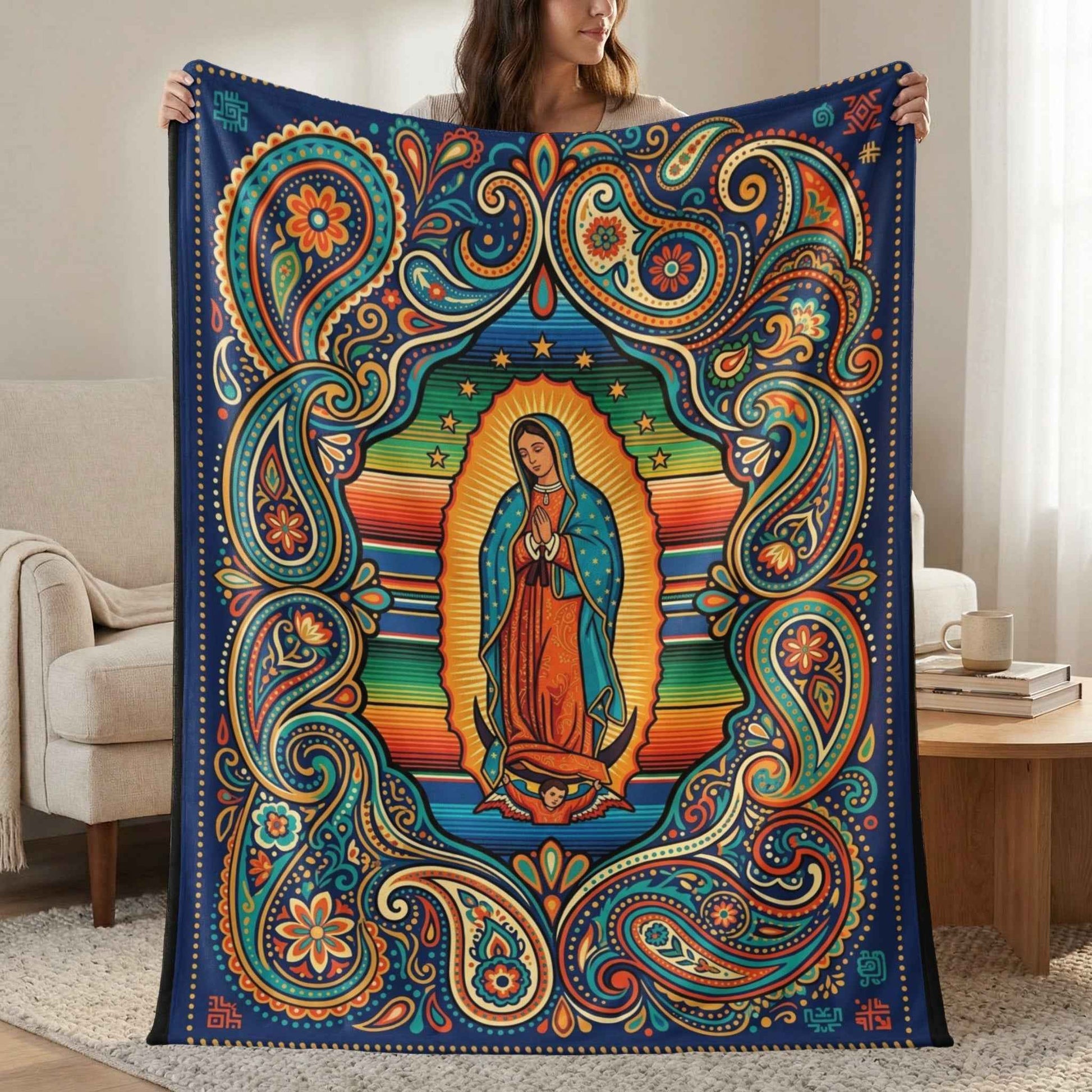 Our Lady of Guadalupe Blanket, Virgen de Guadalupe Throw, Mexican Folk Art Serape Design, Colorful Religious Blankets, Spiritual Home Decor