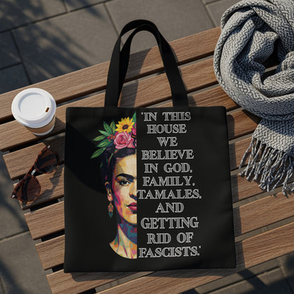 Black tote bag with Frida Kahlo artwork and quote about God, family, and tamales.