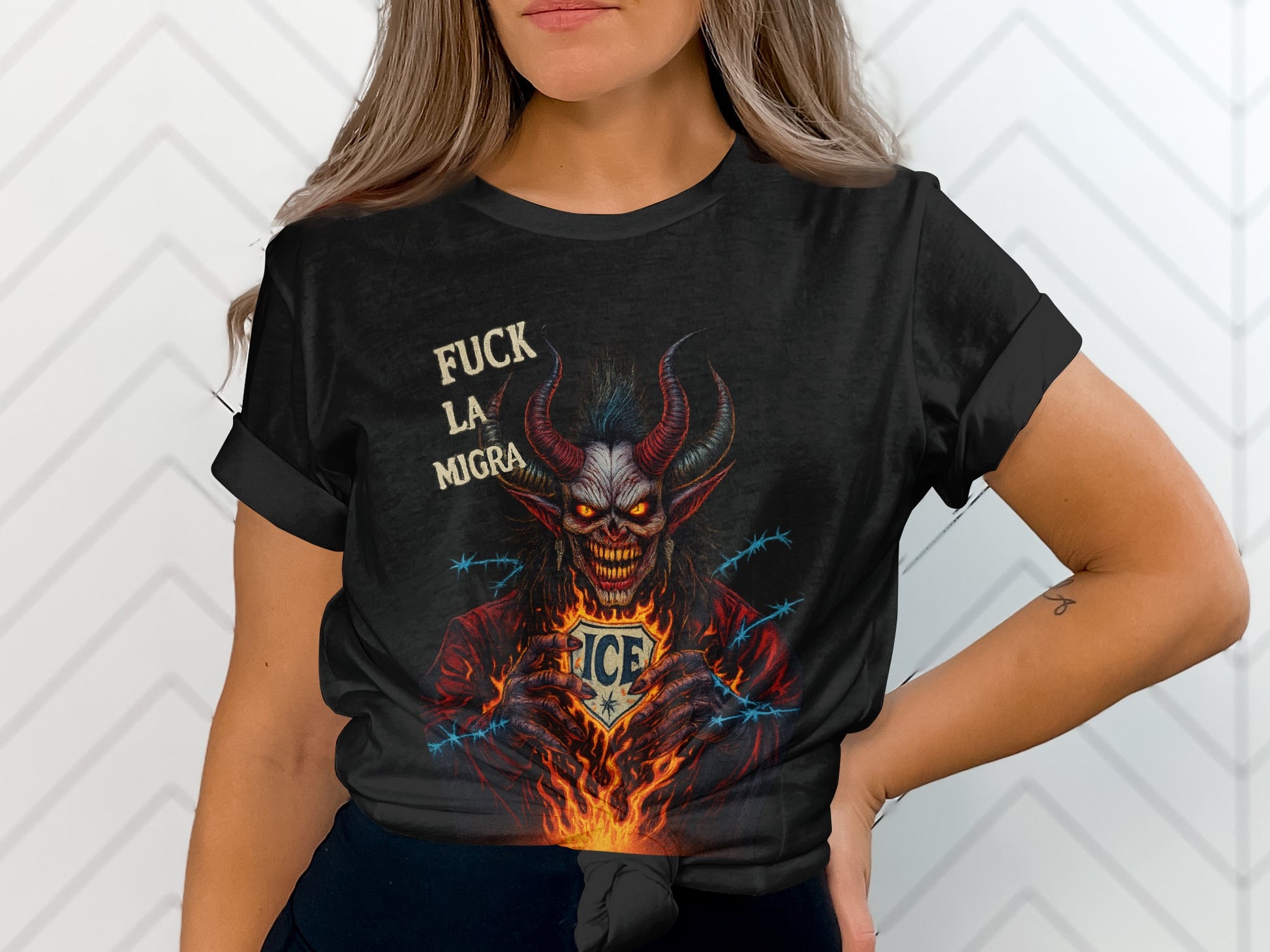 Fuck La Migra ICE Demon Graphic T-Shirt