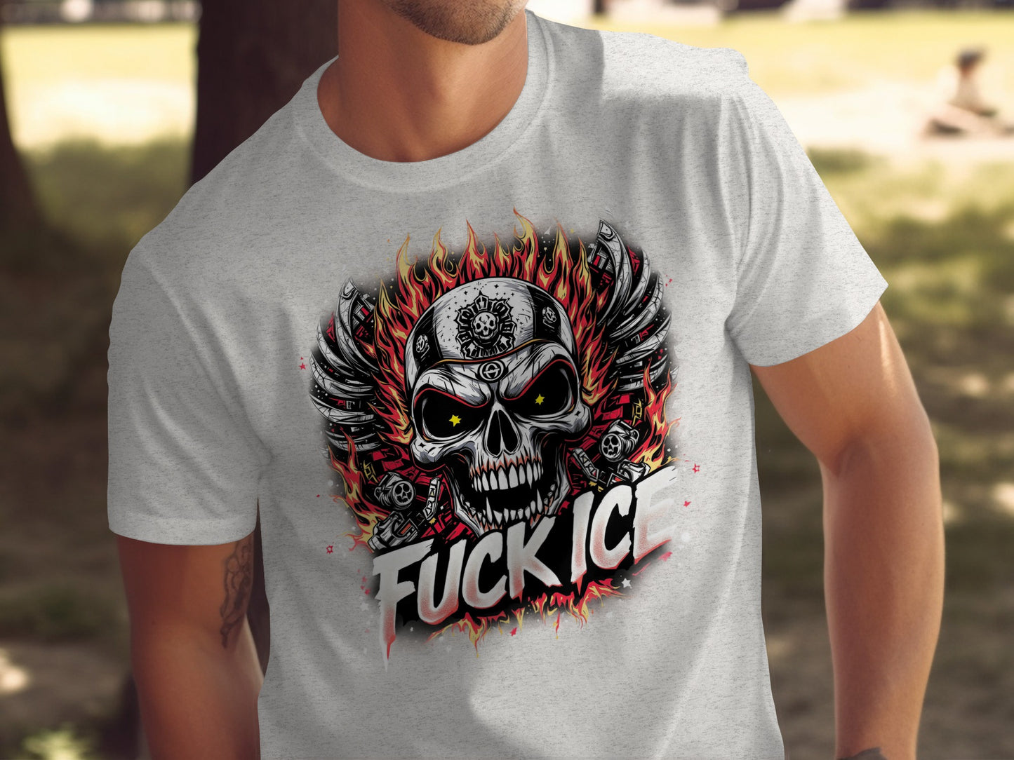 Skull Flames Design with Fuck Ice Text T-shirt