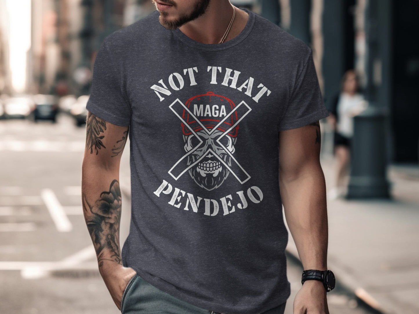 Man wearing dark t-shirt with "NOT THAT MAGA PENDEJO" text and crossed bones.