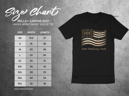 Size chart for Bella+Canvas 3001 tee with flag graphic.