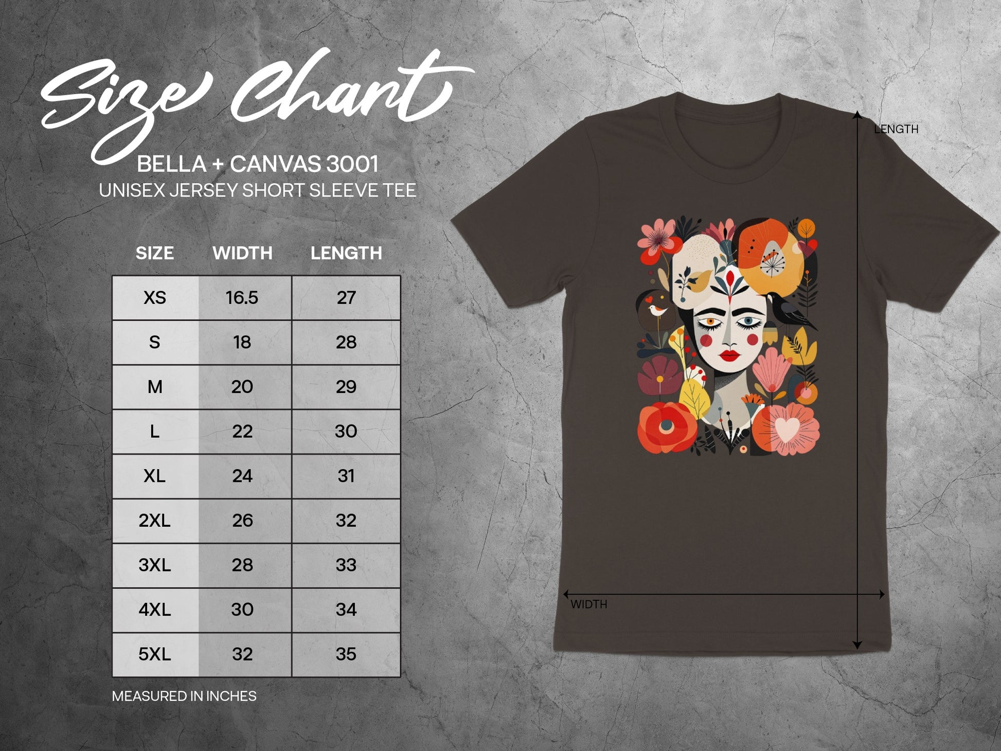 Bella + Canvas 3001 Floral Face Art T Shirt Size Chart product type