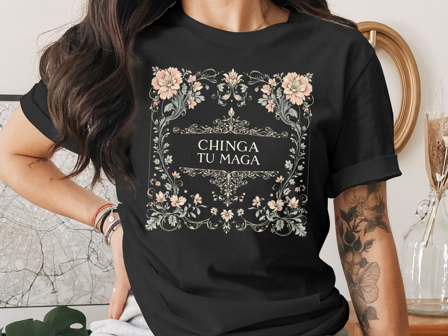 Stylish Graphic Tee with Floral Design and Bold Text