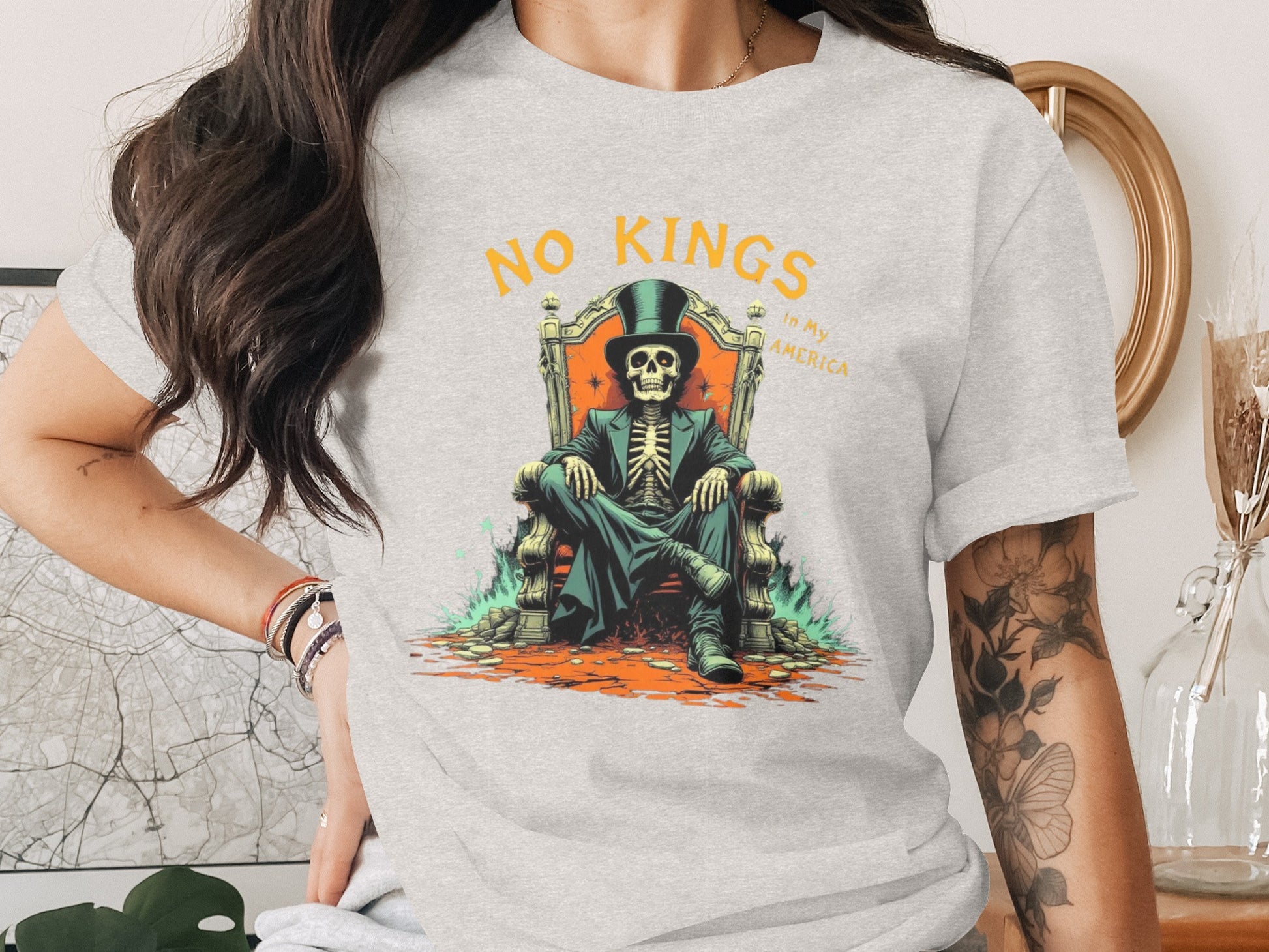 No Kings Sitting Skeleton on Throne T-Shirt product