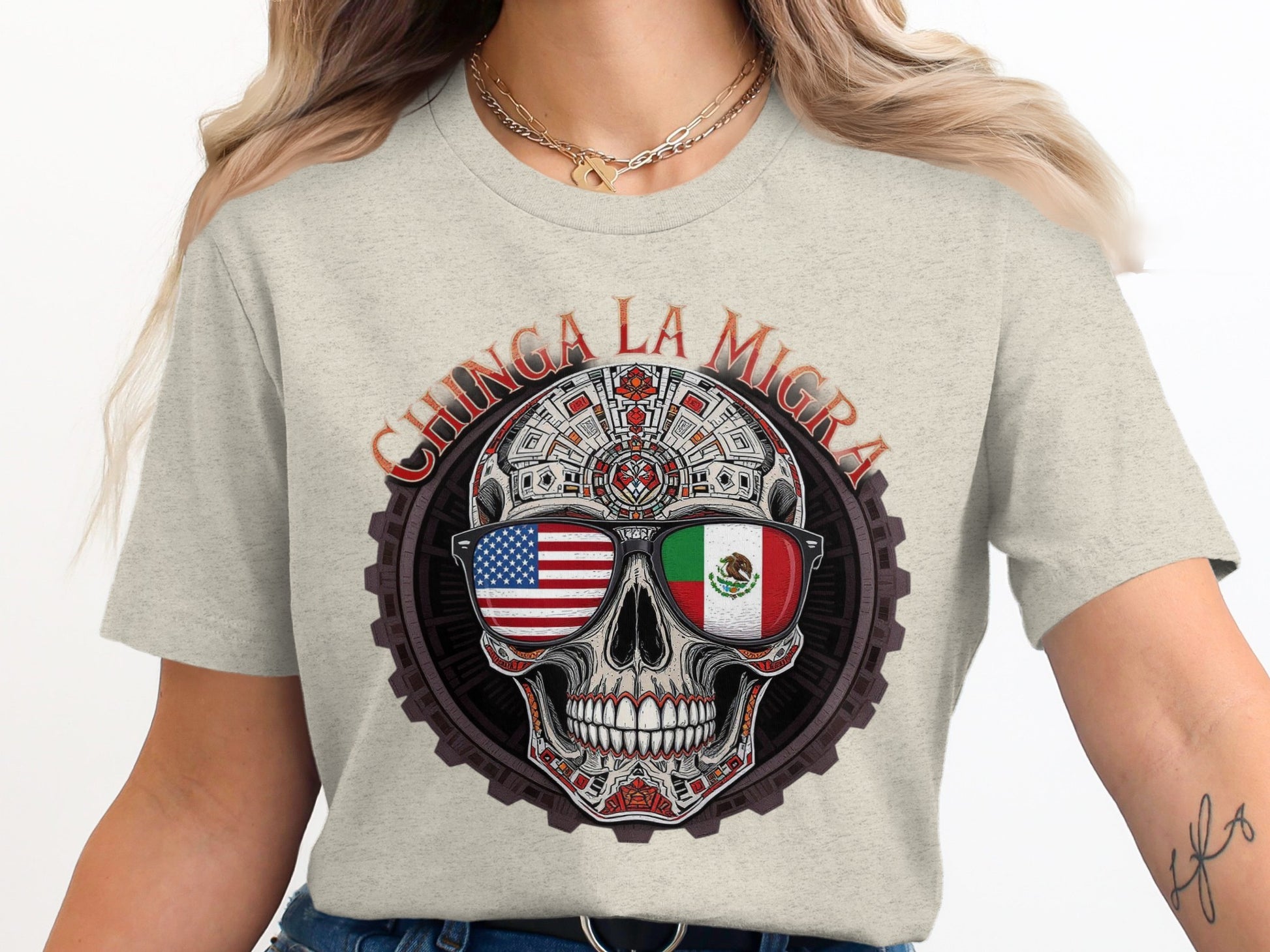 Chinga La Migra Skull American Mexican Flag Shirt product