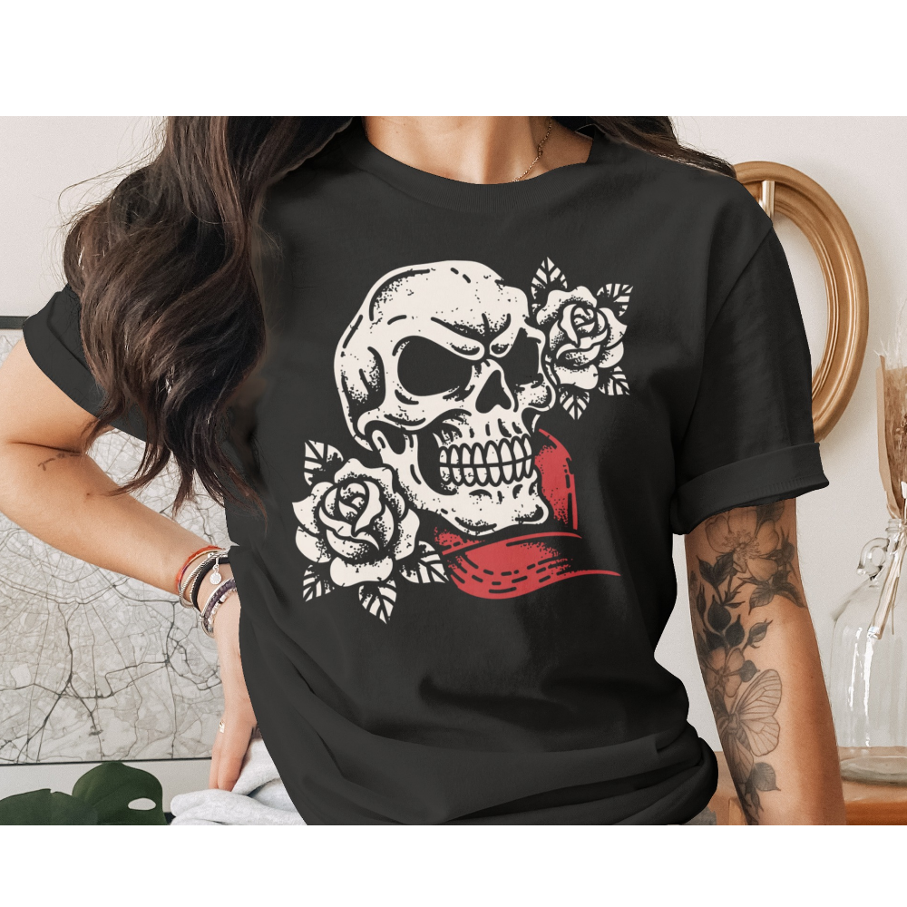 White Skull Roses Red Banner Black product type