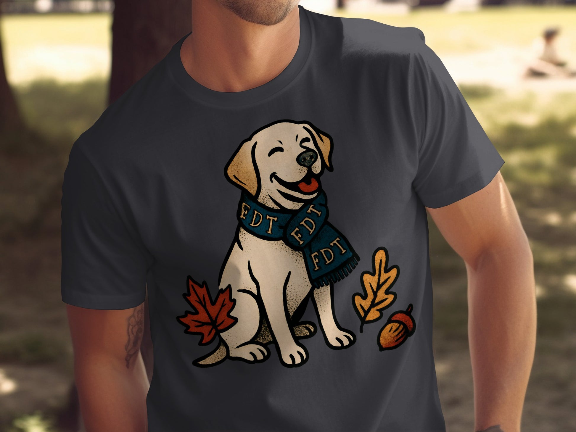 Happy Dog with Autumn Leaves Graphic T-Shirt