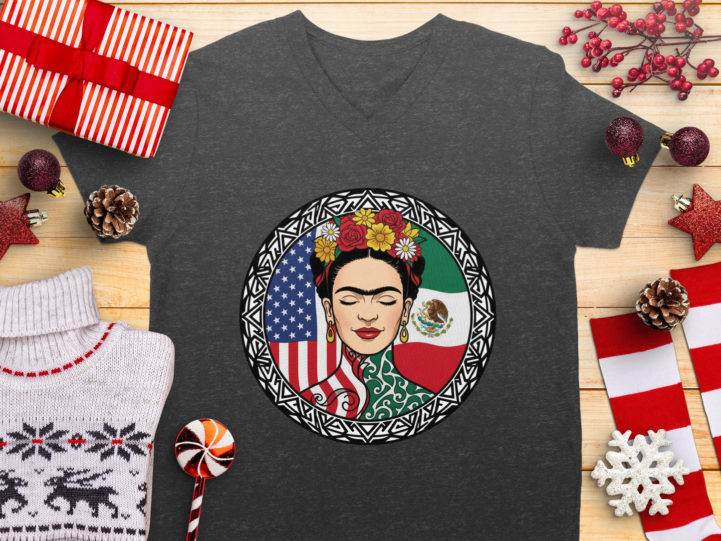 Frida Kahlo United States Mexico Flags V neck shirt
