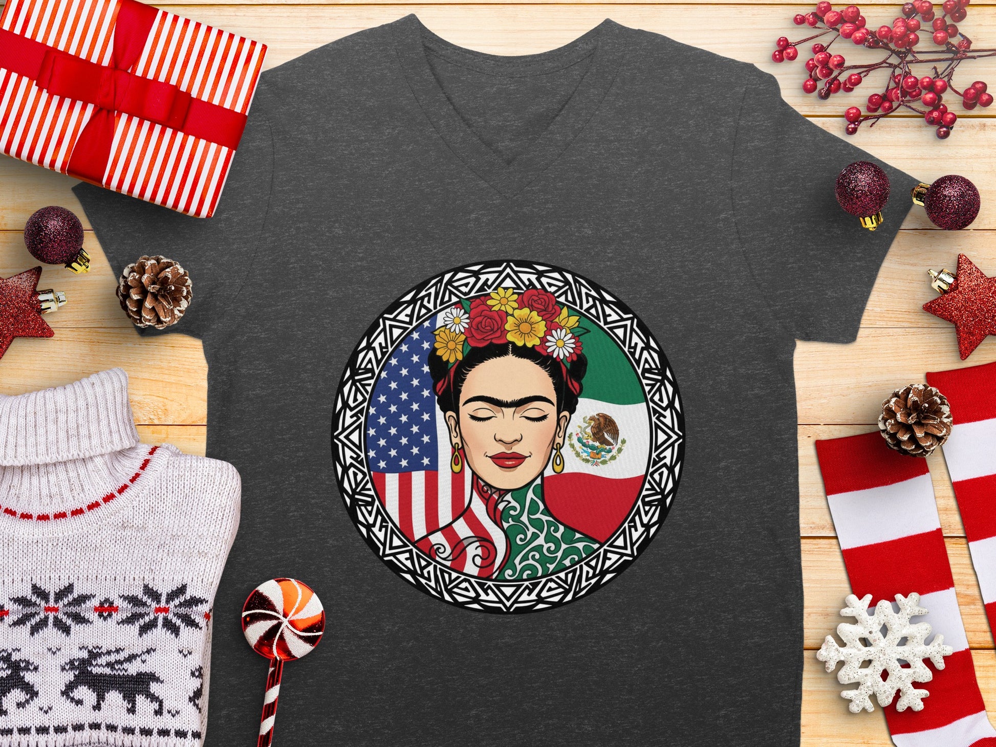 Frida Kahlo United States Mexico Flags V neck shirt