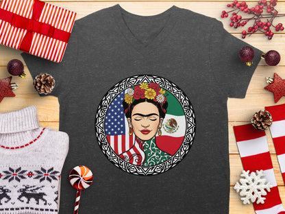 Frida Kahlo United States Mexico Flags V neck shirt