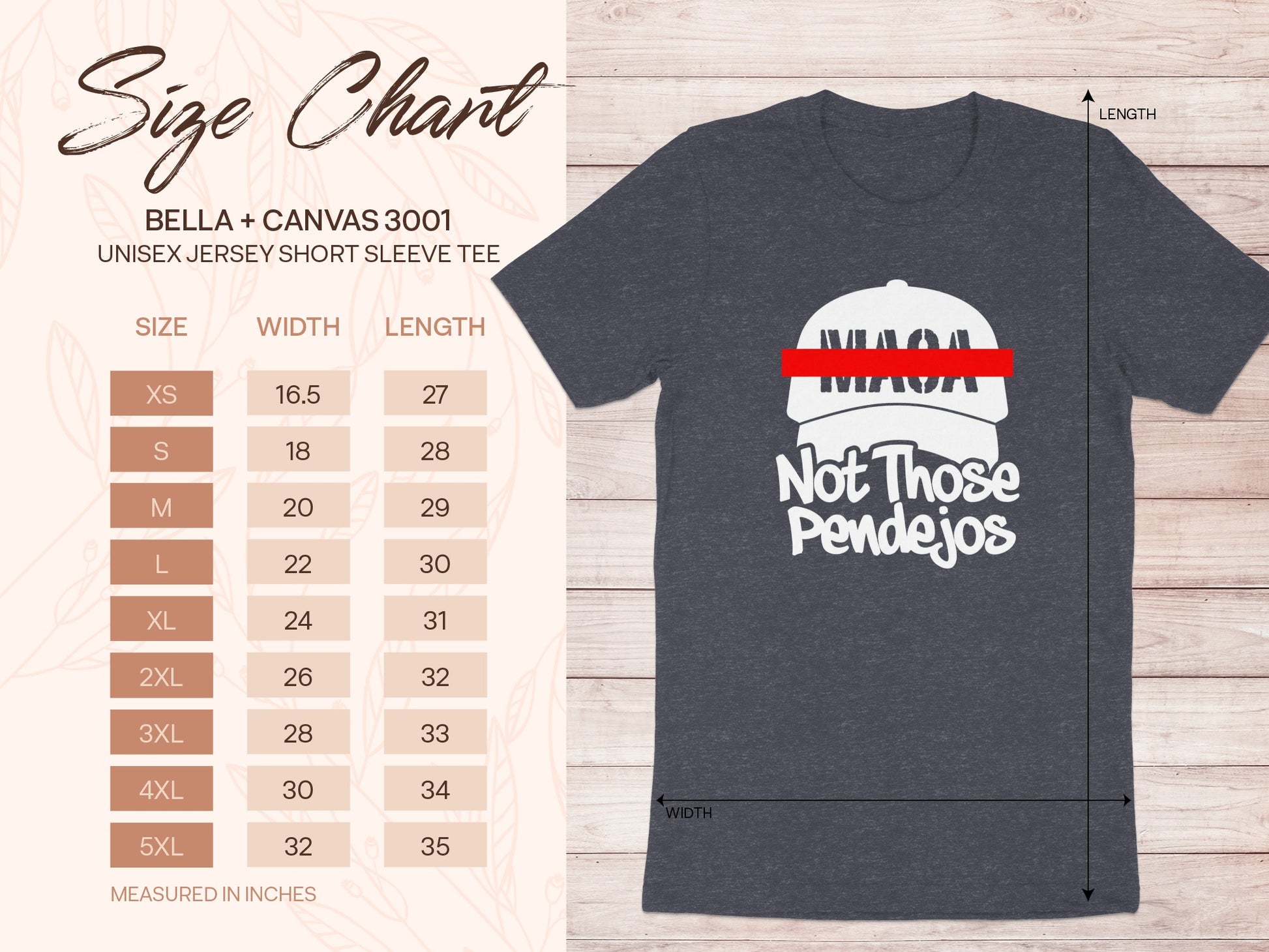Bella + Canvas 3001 size chart for unisex t-shirts and a graphic tee.
