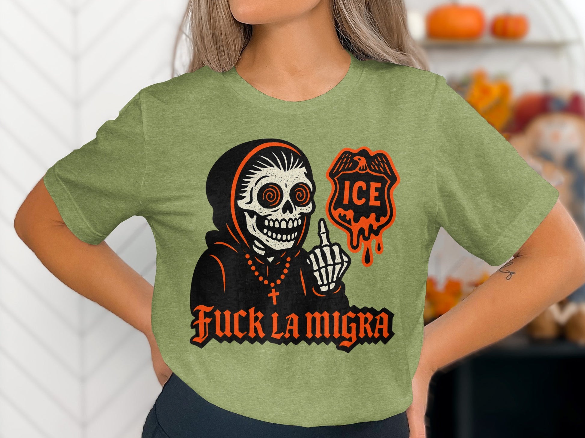 Fuck La Migra Skeleton Graphic Green Shirt product