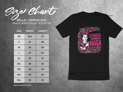 Size chart for Bella + Canvas 3001 unisex t-shirt, with measurements for size, width, and length.