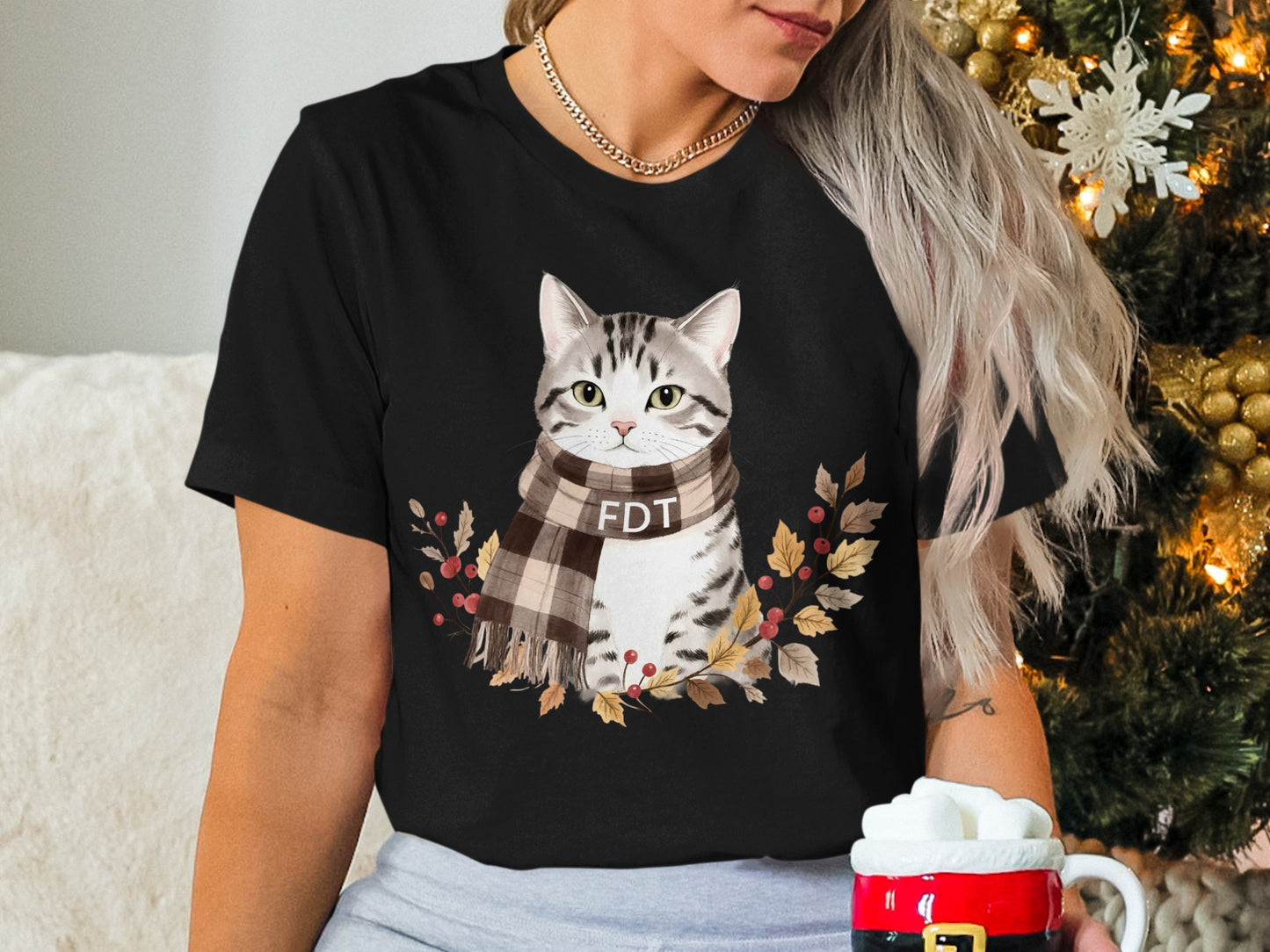Cute Cat Illustration Festive T-shirt for Holiday Cheer
