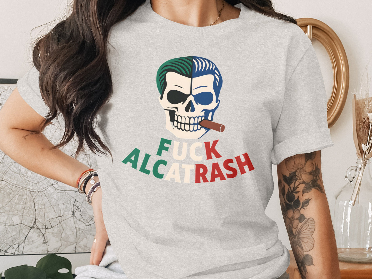 Bold Skull Graphic Tee with Colorful Text Design product type