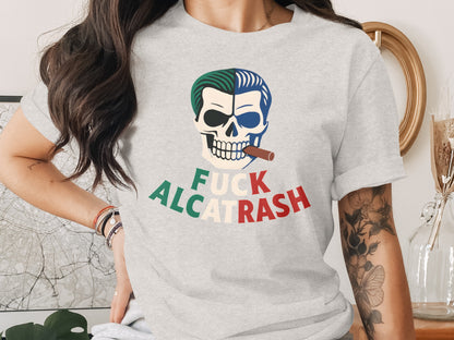 Bold Skull Graphic Tee with Colorful Text Design product type