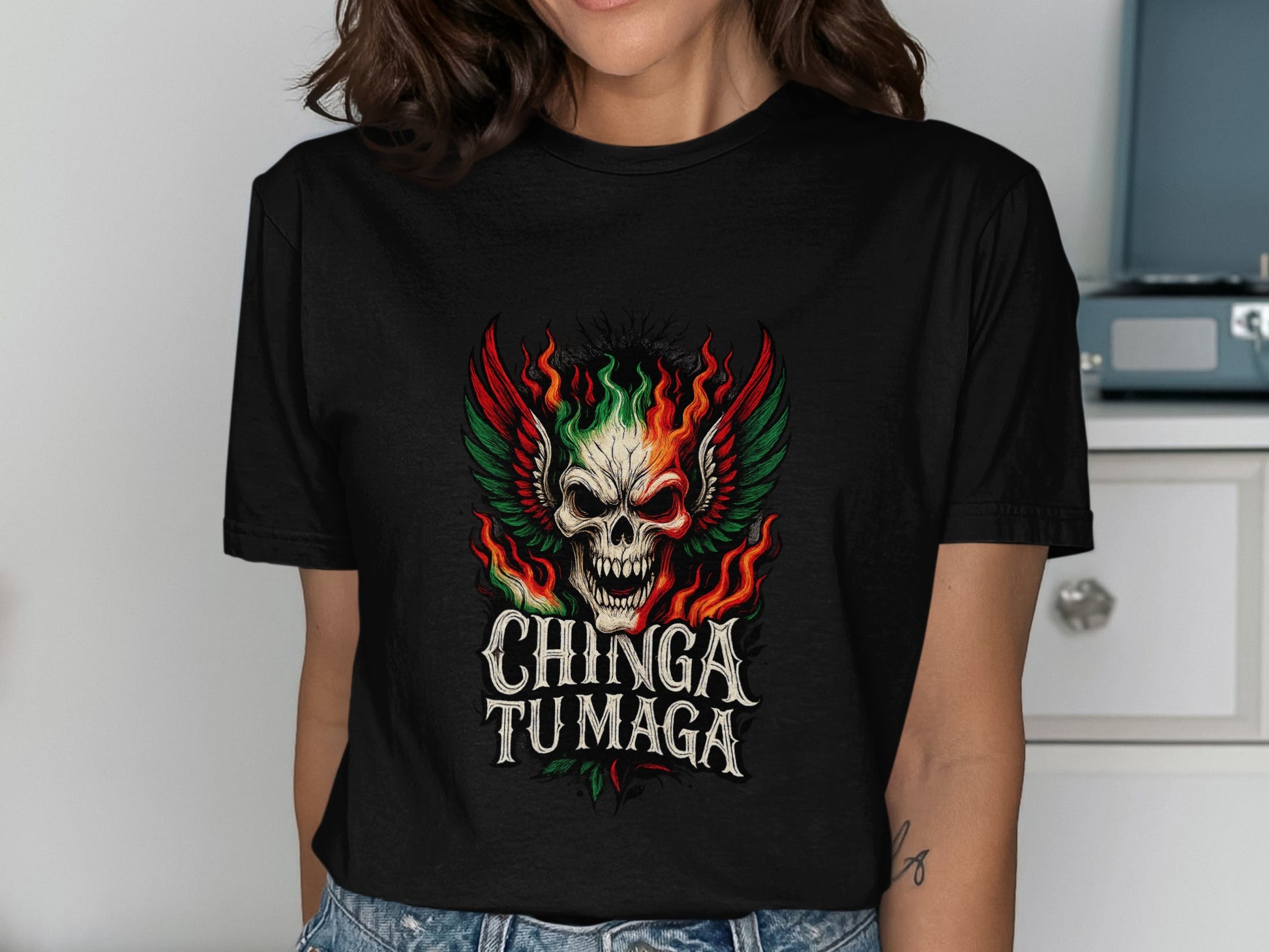 Chinga Tu Maga Skull and Flames Graphic T-Shirt product