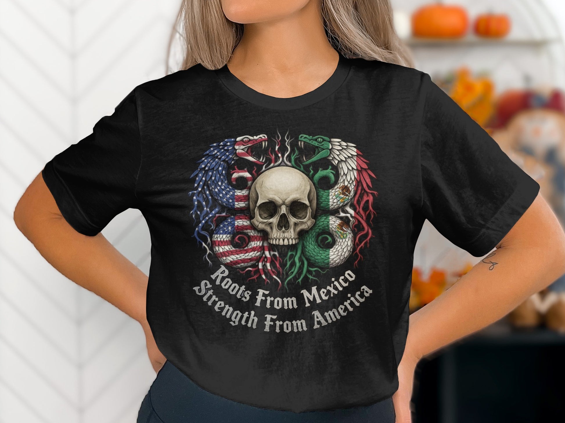 Roots from Mexico Strength from America Skull T-Shirt