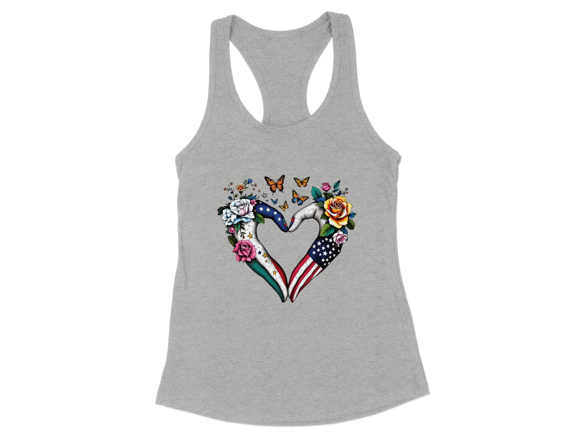 Patriotic Heart Shape with Flowers and Butterflies Tank Top