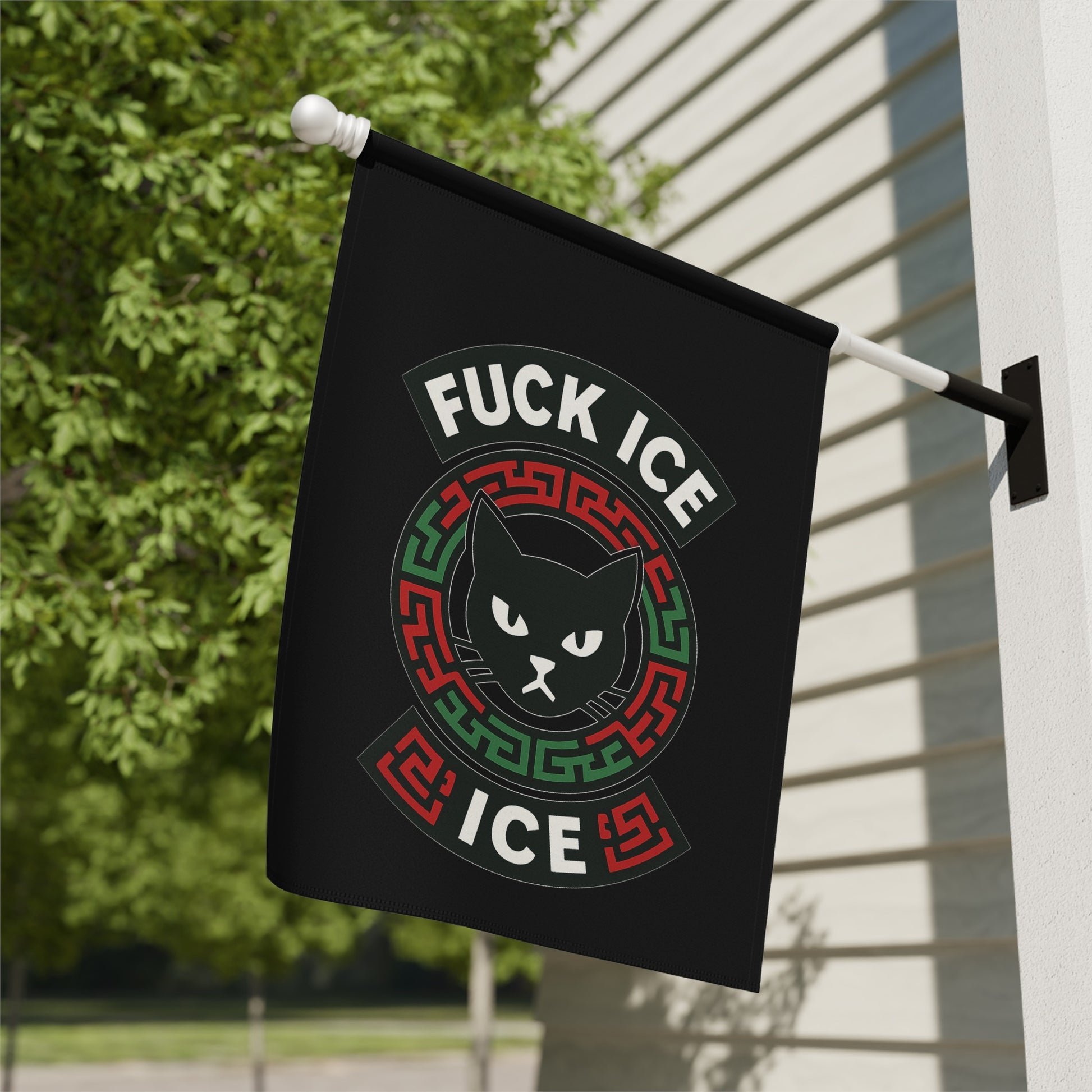 Fuck ICE Cat Emblem House Flag Bold Statement Decor