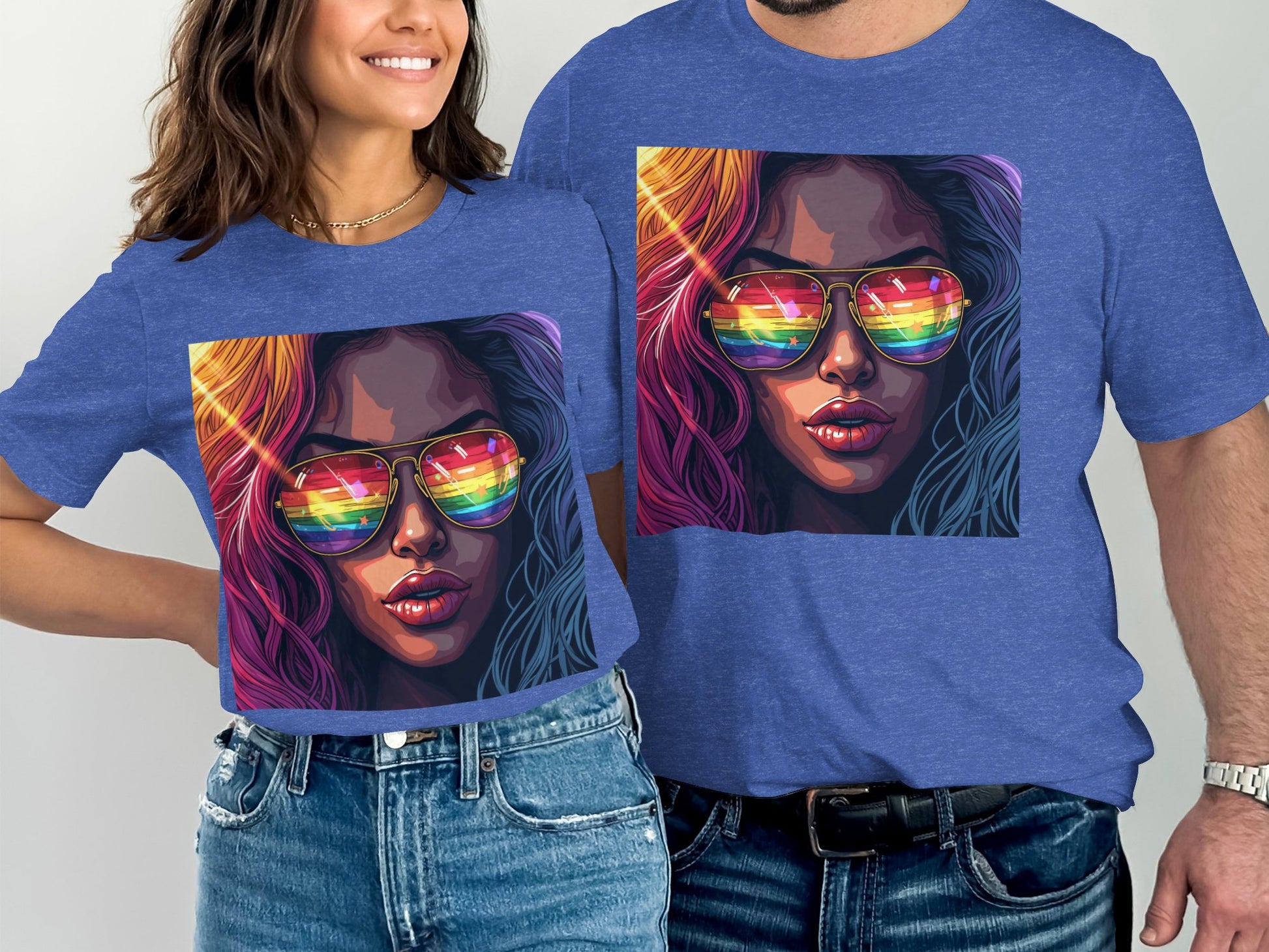 Vibrant sunglasses reflection graphic on blue T-shirt product