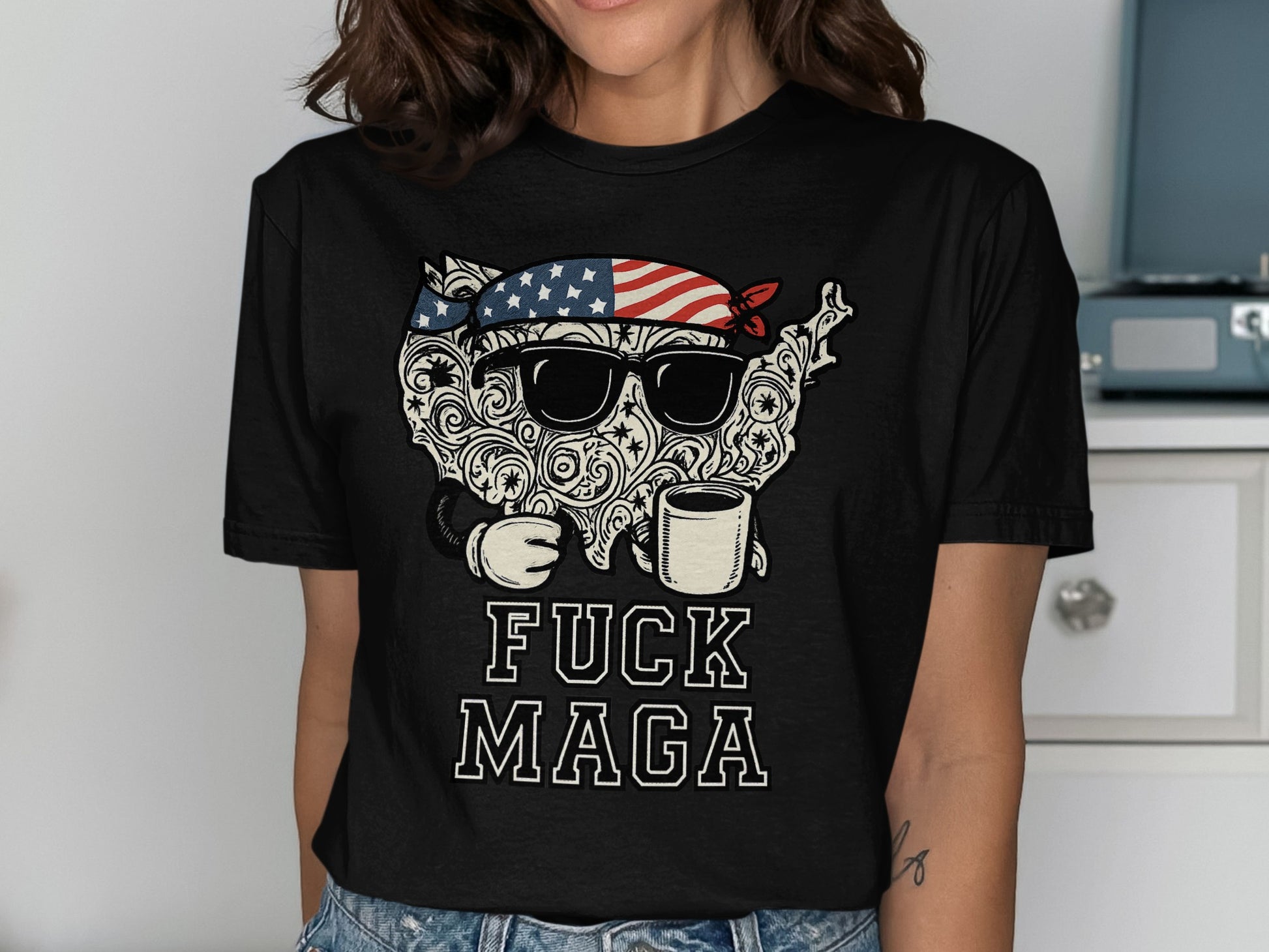 Patriotic Skull With Coffee Cup Graphic T-Shirt product