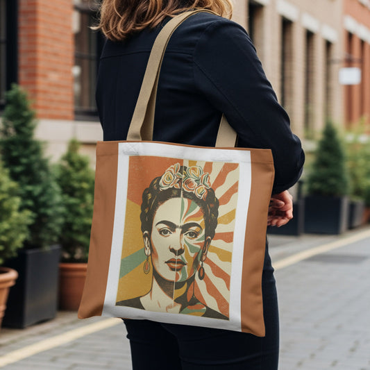 Tote bag with split portrait of Frida Kahlo with floral headband.