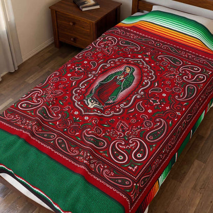 Our Lady of Guadalupe Bandana Paisley Serape Blankets, Mexican Virgin Mary Spiritual Art, Red Green Cultural Decor Throw Blankets