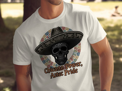 Chicano Power Aztec Pride Skull with Sombrero Shirt