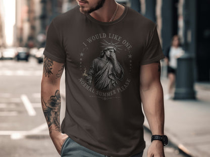 Dark t-shirt with "I would like one normal summer please" text and distressed graphic.