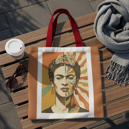 Tote bag with Frida Kahlo portrait, divided face, on a wooden table.