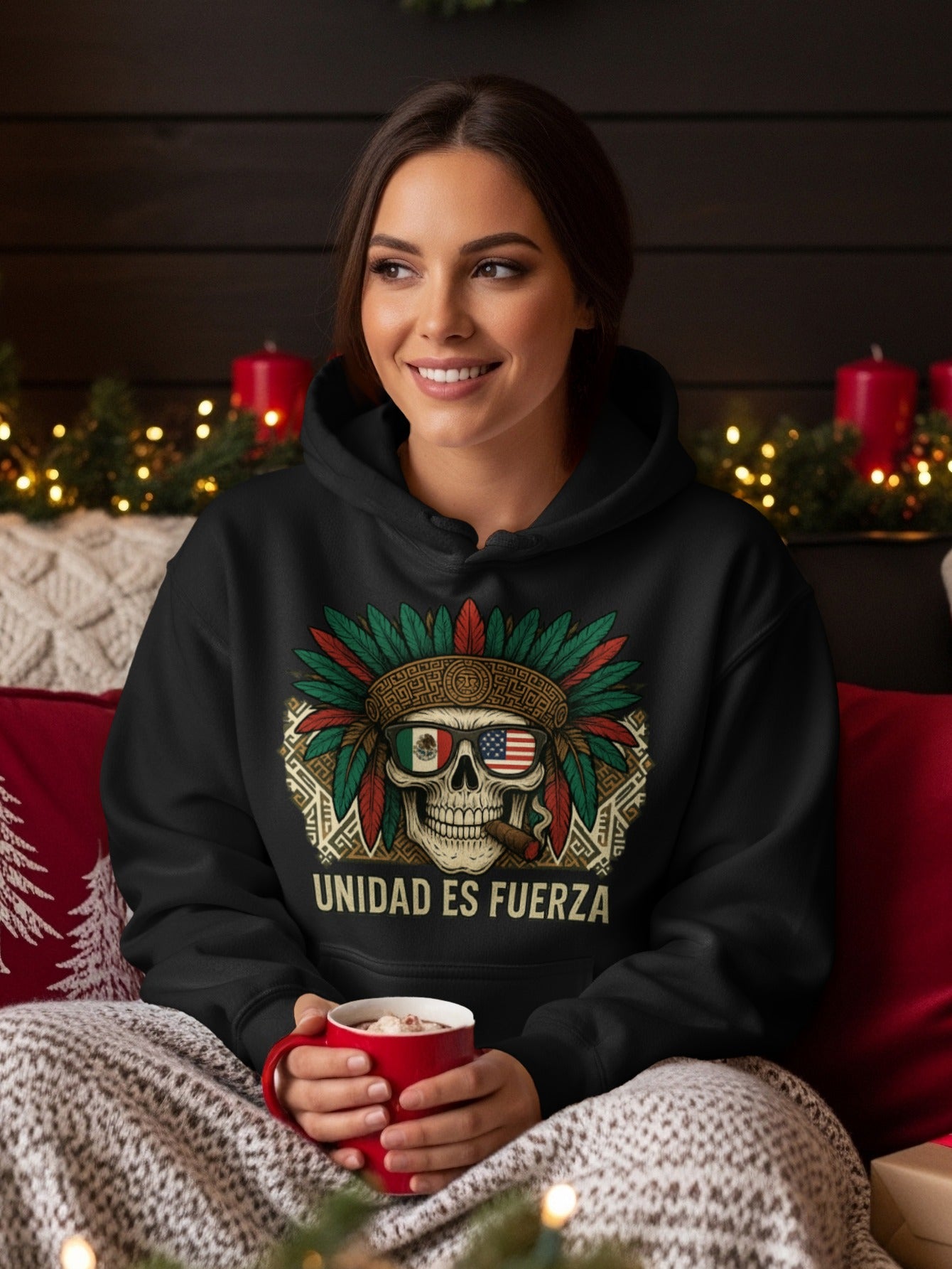 Unidad Es Fuerza Skull Hoodie with Colorful Feather Design
