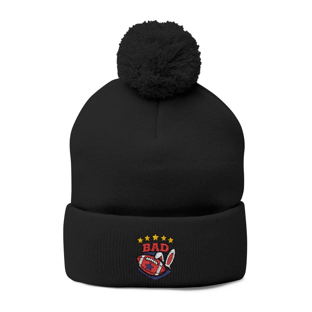 Black Pom Pom Hat with Embroidered Sports Design