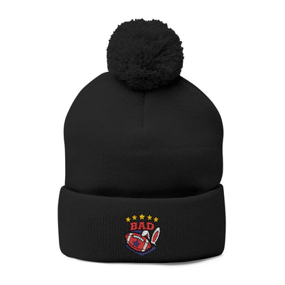 Black Pom Pom Hat with Embroidered Sports Design
