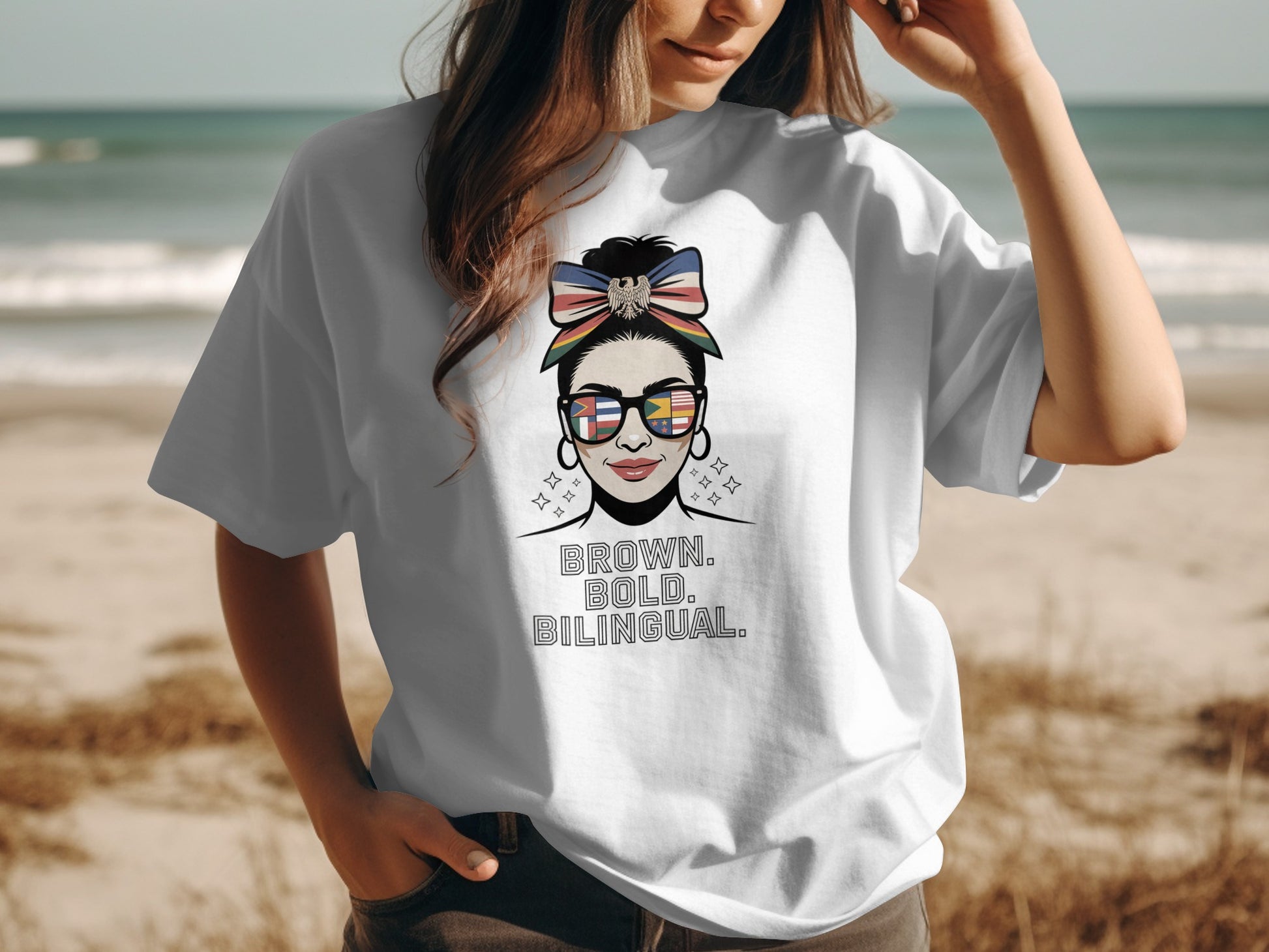 Brown Bold Bilingual Printed White T-shirt product